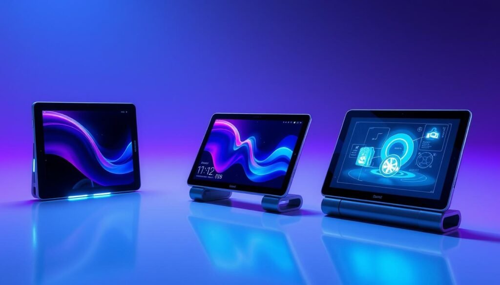 Futuristic concept tablets showing foldable displays and advanced AI features