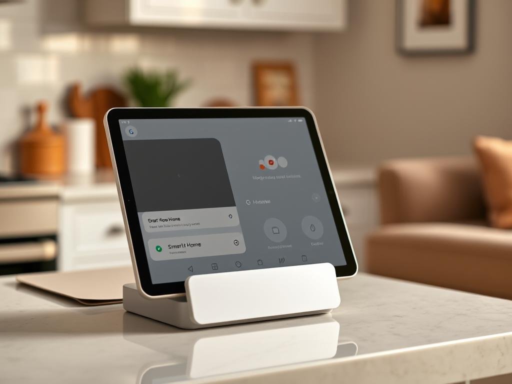 Google Pixel Tablet with charging speaker dock showing Google Assistant features
