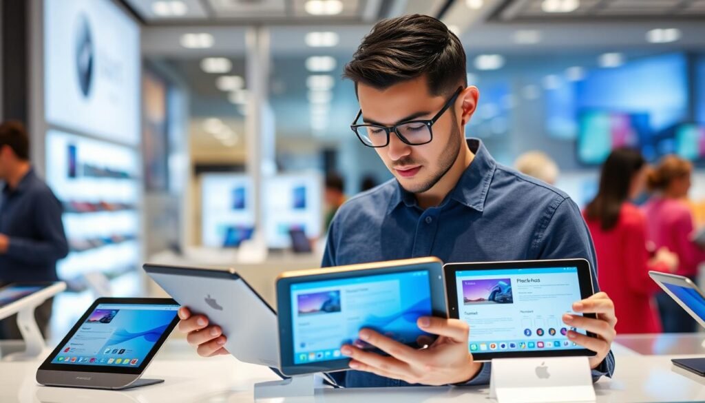 Person comparing different tablet models and features in a store