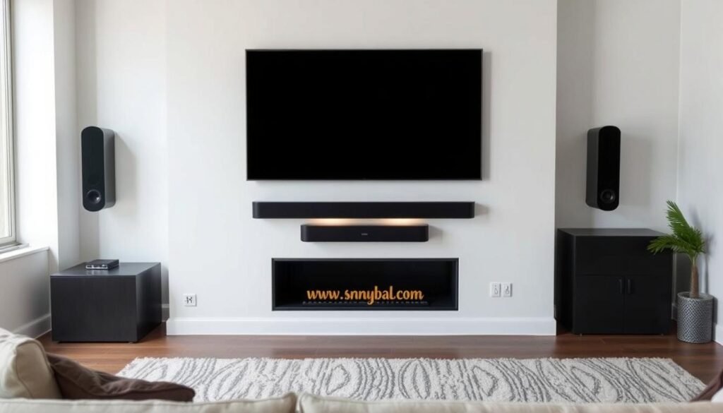 Modern living room setup with a soundbar, showing proper placement below a wall-mounted TV Modern living room setup with a soundbar, showing proper placement below a wall-mounted TV