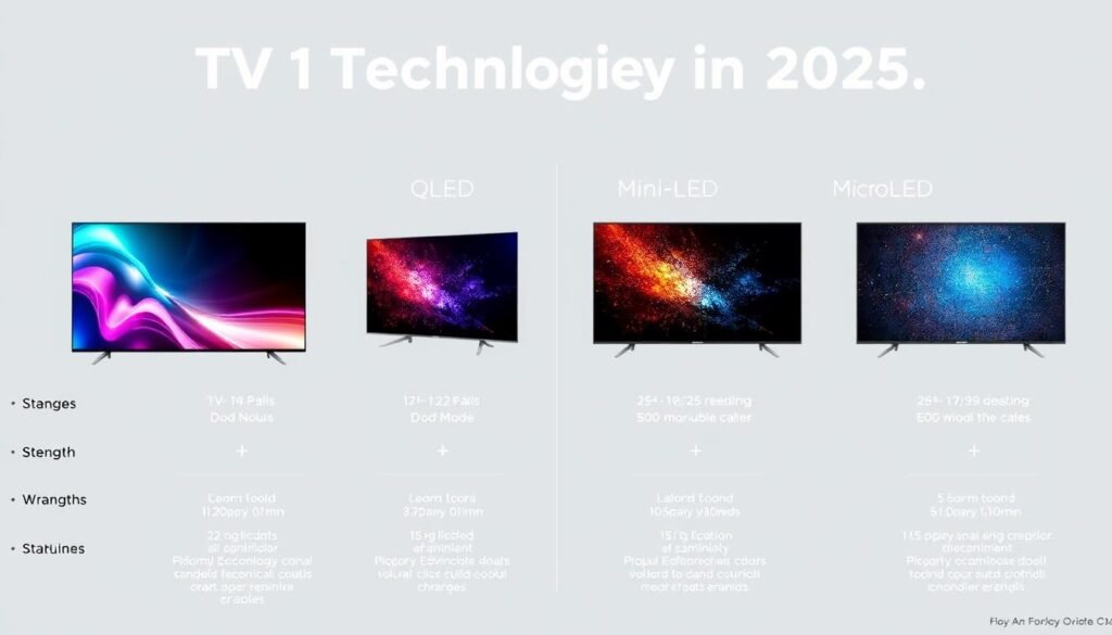 Comparison of different TV technologies in 2025 including OLED, QLED, Mini LED, and MicroLED Comparison of different TV technologies in 2025 including OLED, QLED, Mini LED, and MicroLED