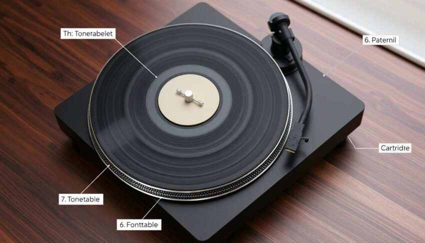 A modern vinyl player with key components labeled including tonearm, platter, and cartridge