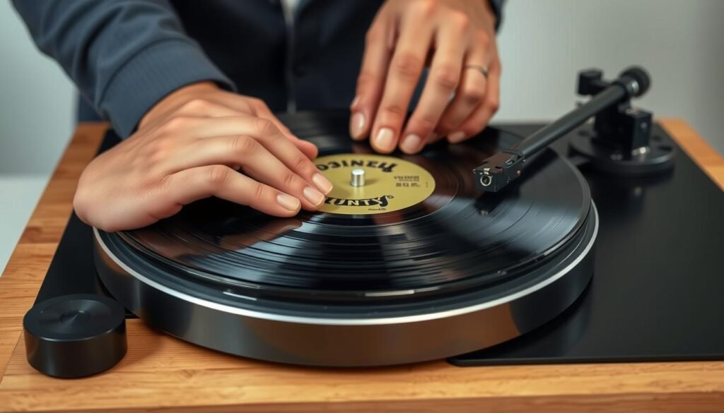 Person carefully placing a vinyl record on a high-end turntable Person carefully placing a vinyl record on a high-end turntable
