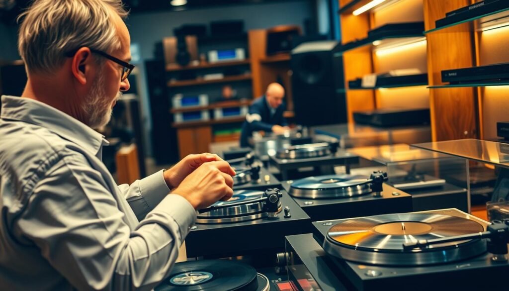 Person examining different turntable components while shopping for the best vinyl player Person examining different turntable components while shopping for the best vinyl player