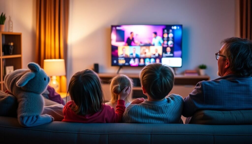 A family enjoying content on their new budget TV in a living room A family enjoying content on their new budget TV in a living room