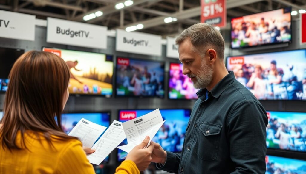 A person comparing different budget TV models in a retail store environment A person comparing different budget TV models in a retail store environment
