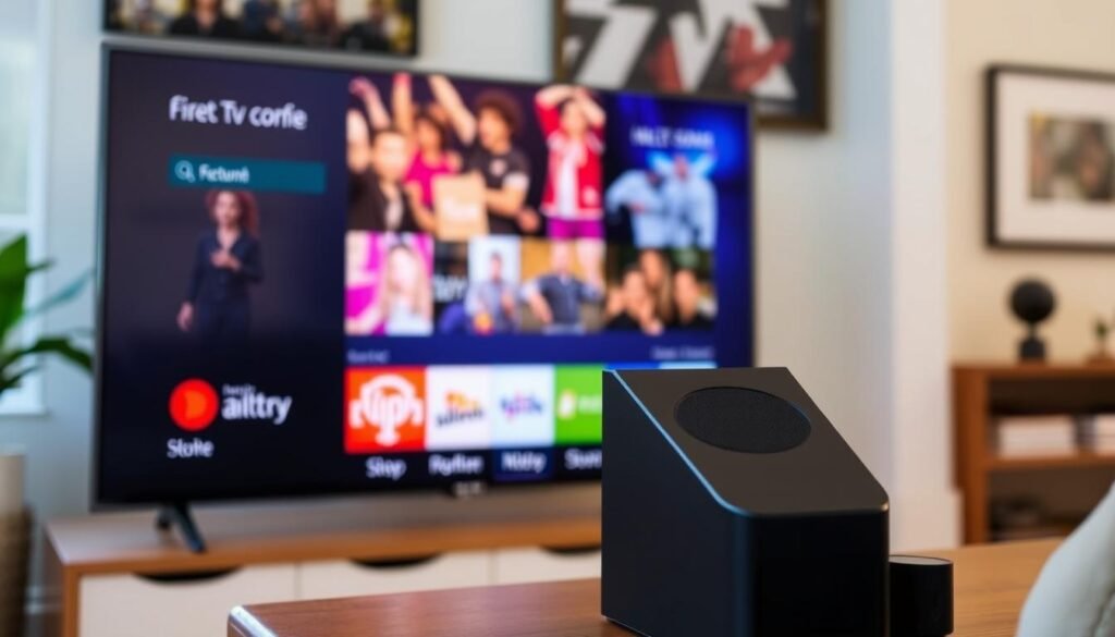 Amazon Fire TV 4 Series displaying content with visible sound system Amazon Fire TV 4 Series displaying content with visible sound system