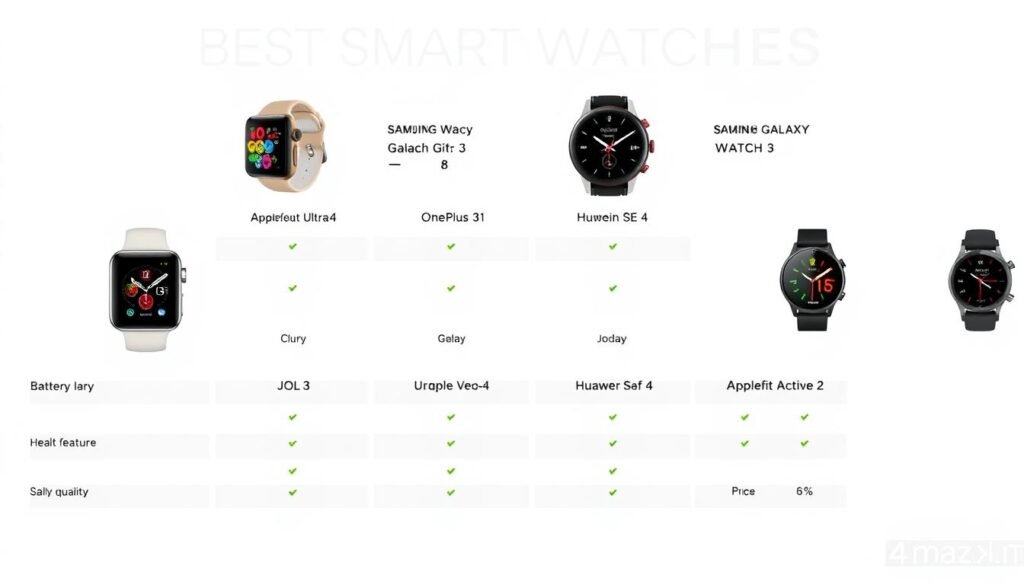 Comparison of key features across the best smartwatches 2025 including health monitoring, battery life, and display quality Comparison of key features across the best smartwatches 2025 including health monitoring, battery life, and display quality