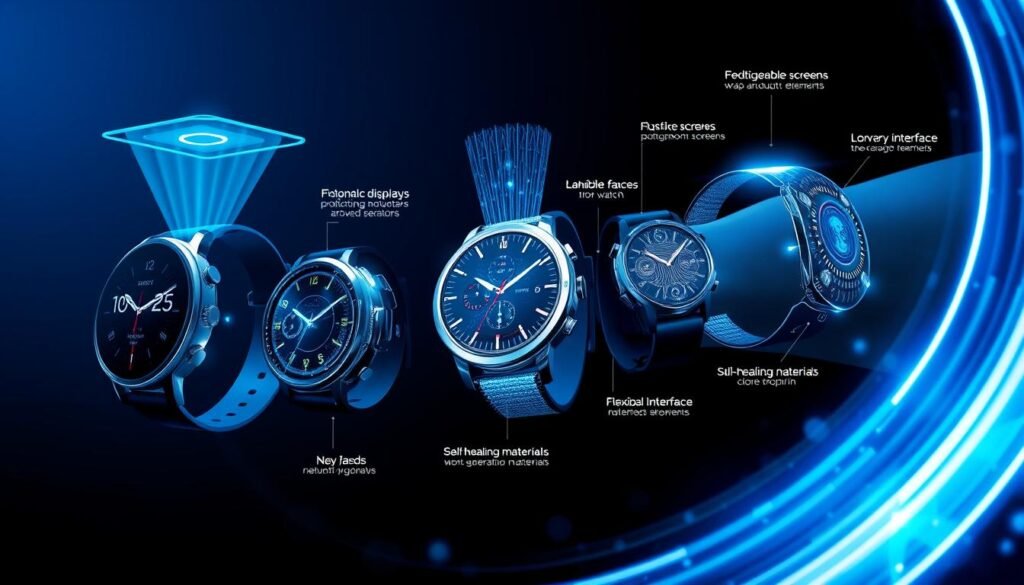 Futuristic concept of next-generation smartwatches with advanced features like holographic displays and neural interfaces Futuristic concept of next-generation smartwatches with advanced features like holographic displays and neural interfaces