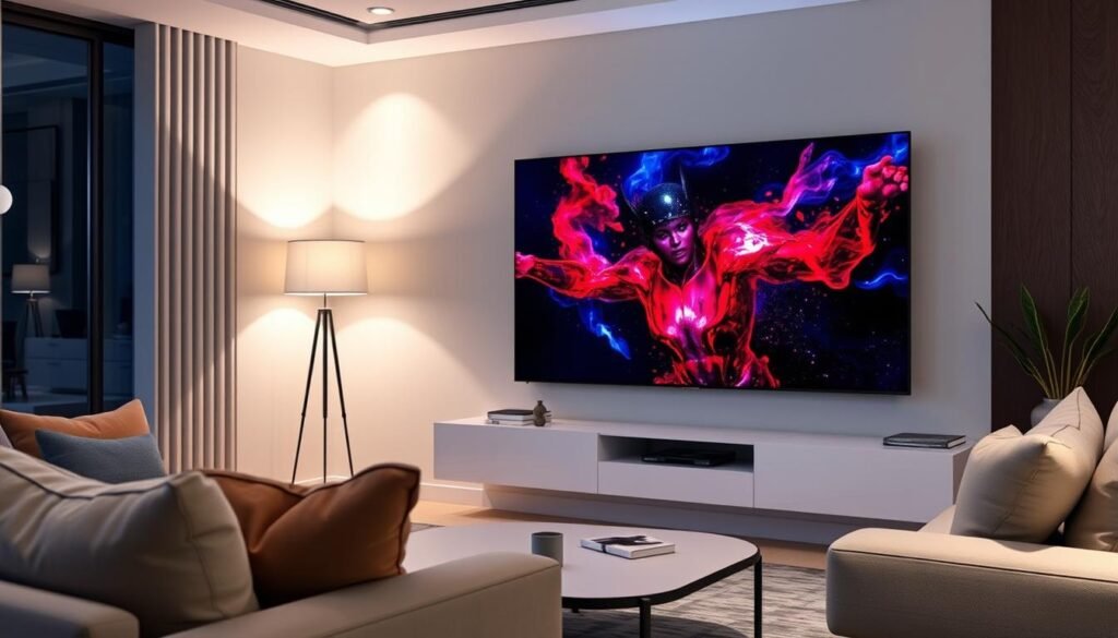Hisense QD7QF TV displaying vibrant HDR content in a living room setting Hisense QD7QF TV displaying vibrant HDR content in a living room setting