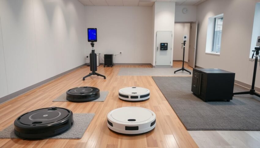 Robot vacuum cleaner evaluation process showing testing on different floor surfaces