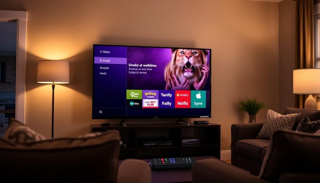 Roku Select TV displaying the Roku interface in a living room setting Roku Select TV displaying the Roku interface in a living room setting