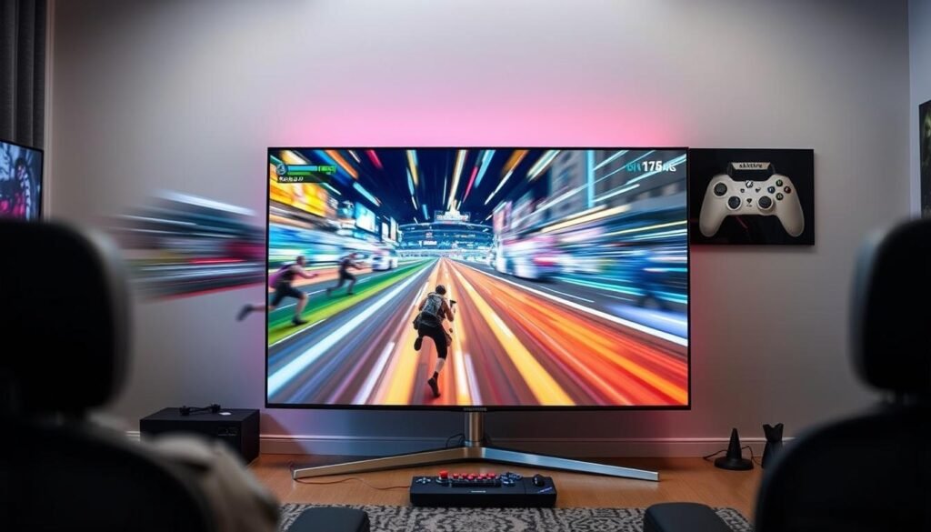 Samsung Crystal UHD U8000F TV displaying a video game with vibrant colors Samsung Crystal UHD U8000F TV displaying a video game with vibrant colors