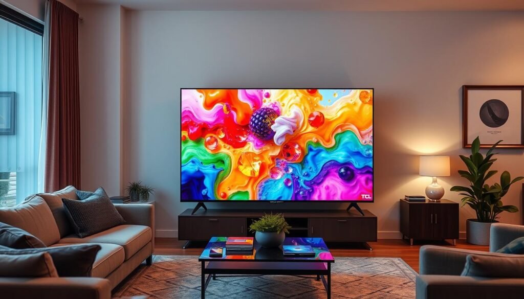 TCL C6KS TV showing bright, colorful content in a modern living room TCL C6KS TV showing bright, colorful content in a modern living room
