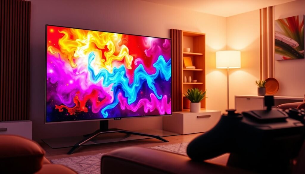 TCL QM6K TV displaying vibrant content with gaming accessories nearby TCL QM6K TV displaying vibrant content with gaming accessories nearby