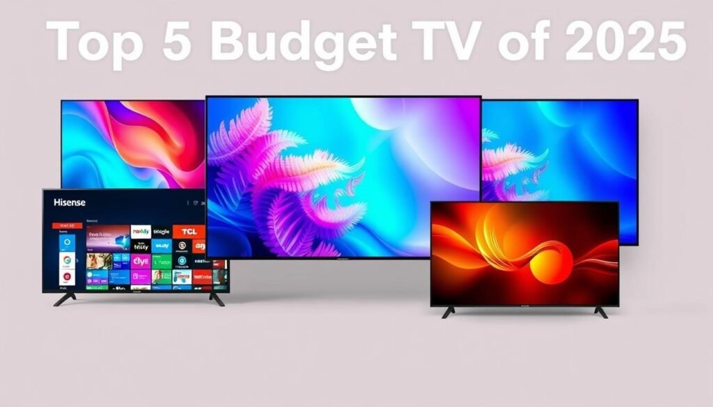 The top 5 budget TVs of 2025 showing their front displays with vibrant content The top 5 budget TVs of 2025 showing their front displays with vibrant content