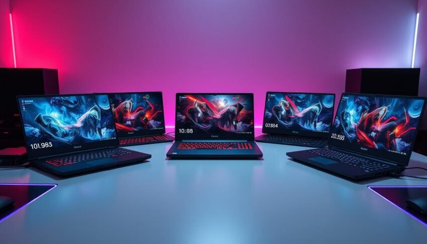A collection of the best gaming laptops of 2025 arranged on a modern desk with RGB lighting