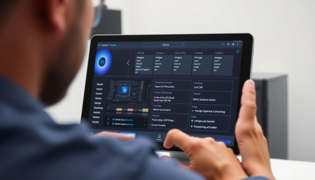 Person comparing desktop computer components and specifications on a digital tablet