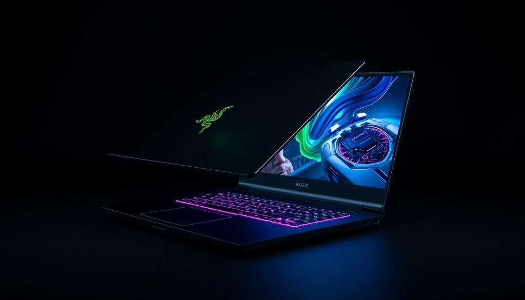 Razer Blade 16 gaming laptop with its sleek black design and RGB keyboard