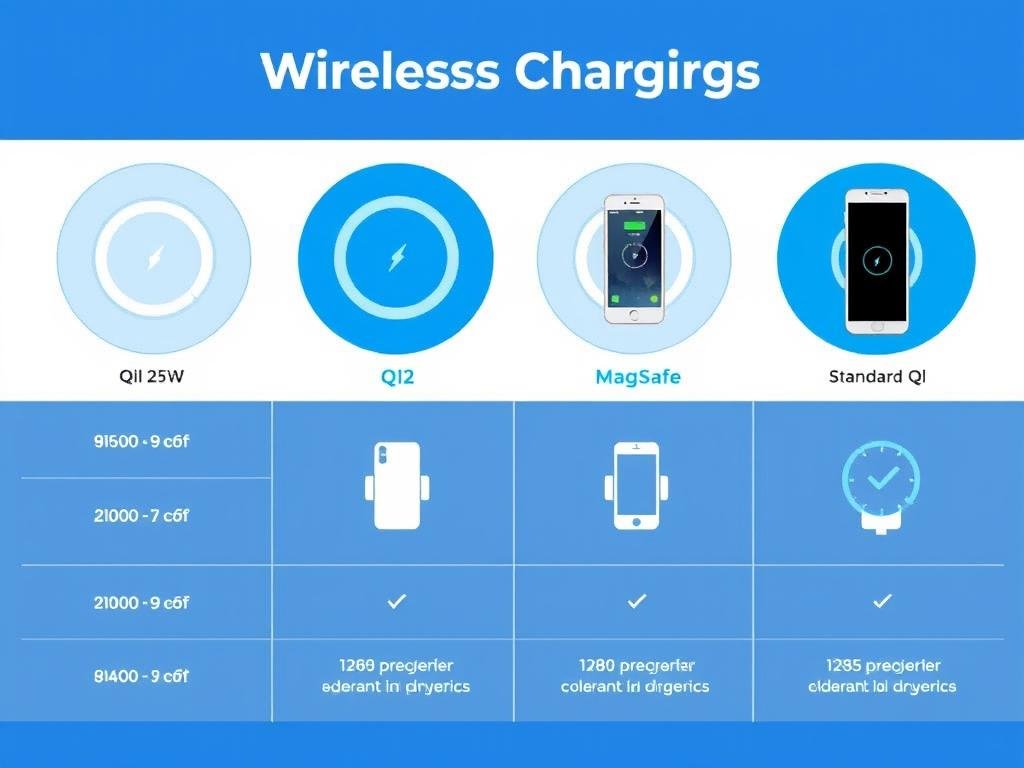 Diagram showing different wireless charging standards and their speeds for best wireless charger 2025 comparison