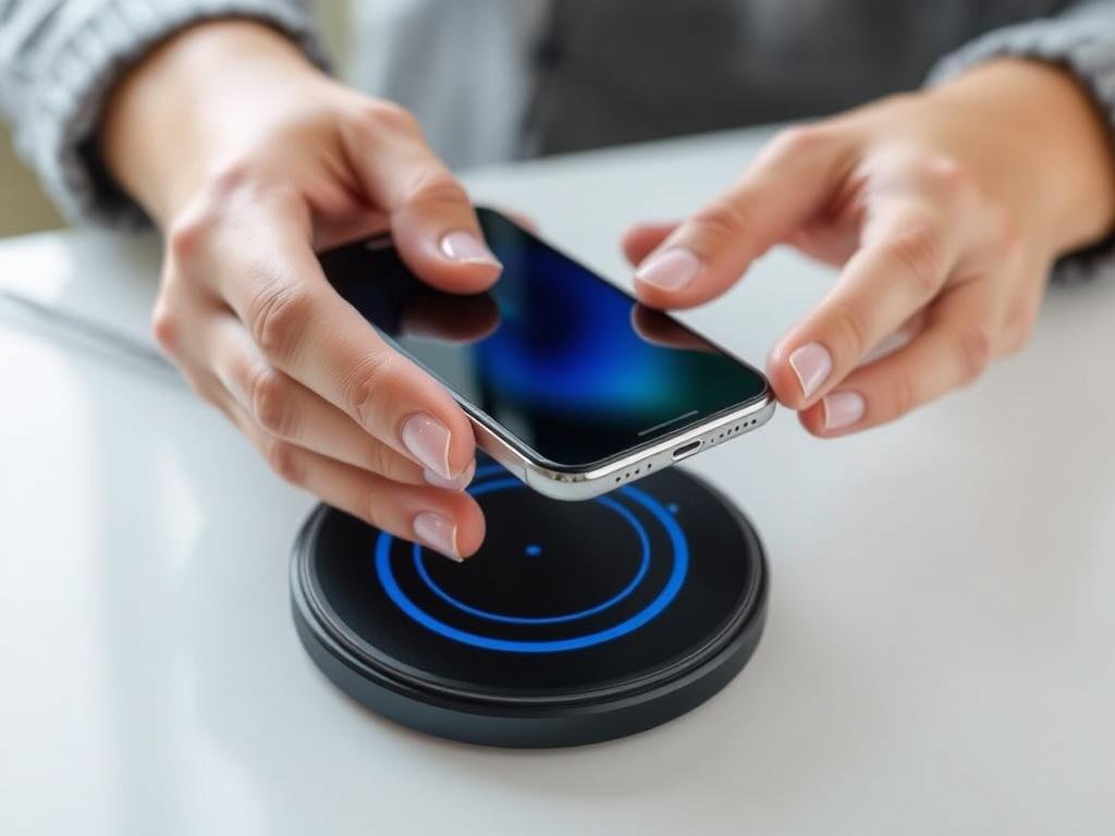 Person placing smartphone on a best wireless charger 2025 model showing the proper alignment