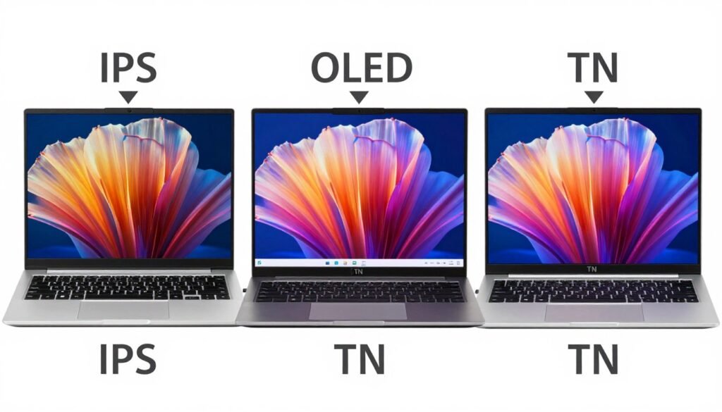 Comparison between IPS, OLED, and TN panel types showing color and viewing angle differences