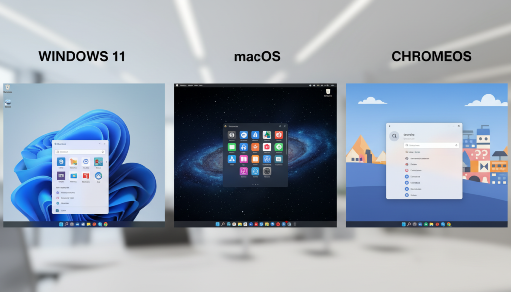 Comparison of Windows, macOS, and ChromeOS operating systems showing their interfaces