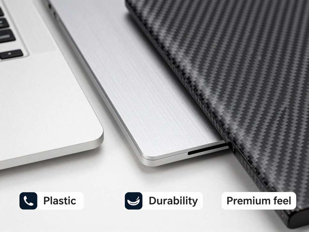 Different laptop materials including plastic, aluminum, and carbon fiber with their properties