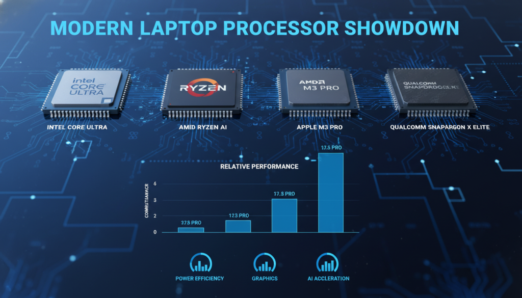 Different laptop processors from Intel, AMD, Apple, and Qualcomm with performance comparison
