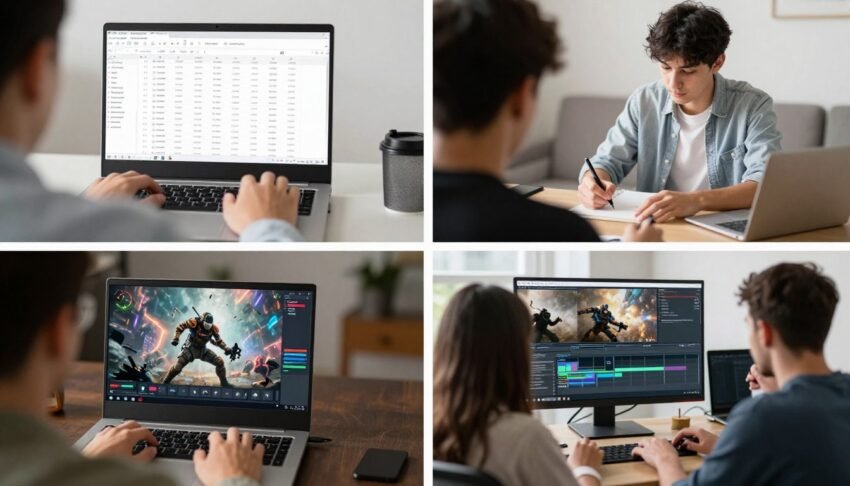Person using laptop for different activities including work, gaming, and content creation
