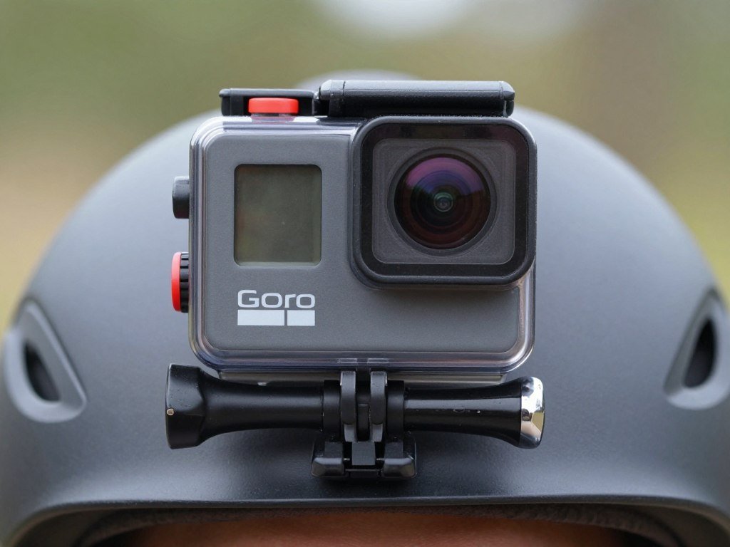 Action photo camera mounted on helmet