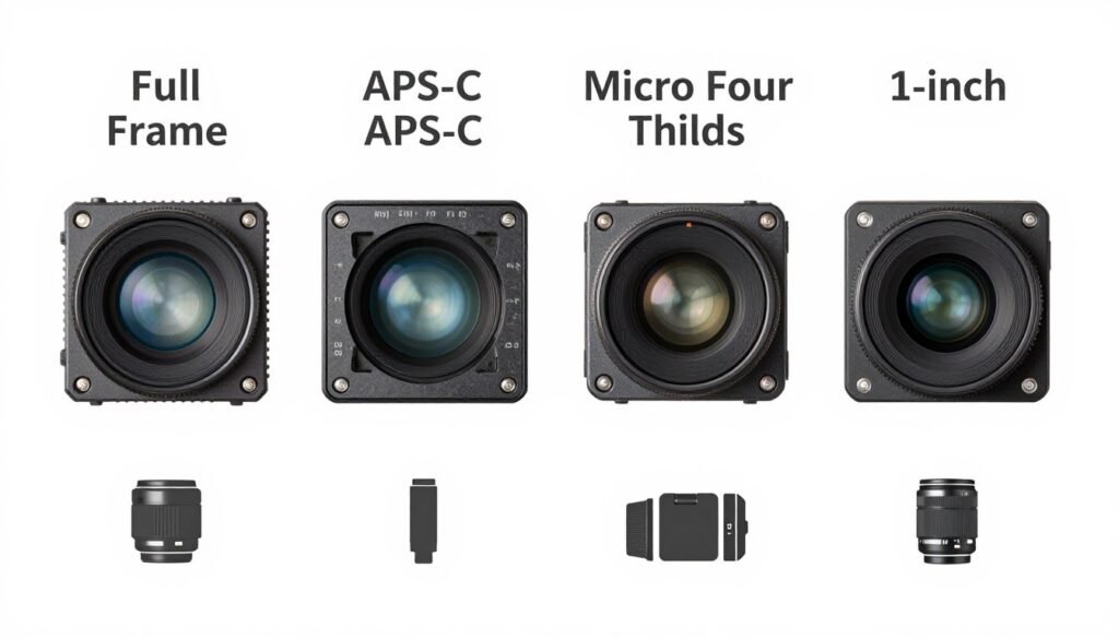 Camera sensor size comparison chart showing full-frame, APS-C, and Micro Four Thirds sensors