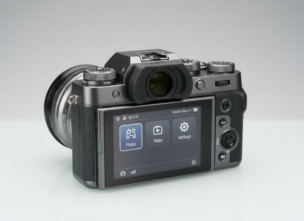 Compact mirrorless photo camera with electronic viewfinder