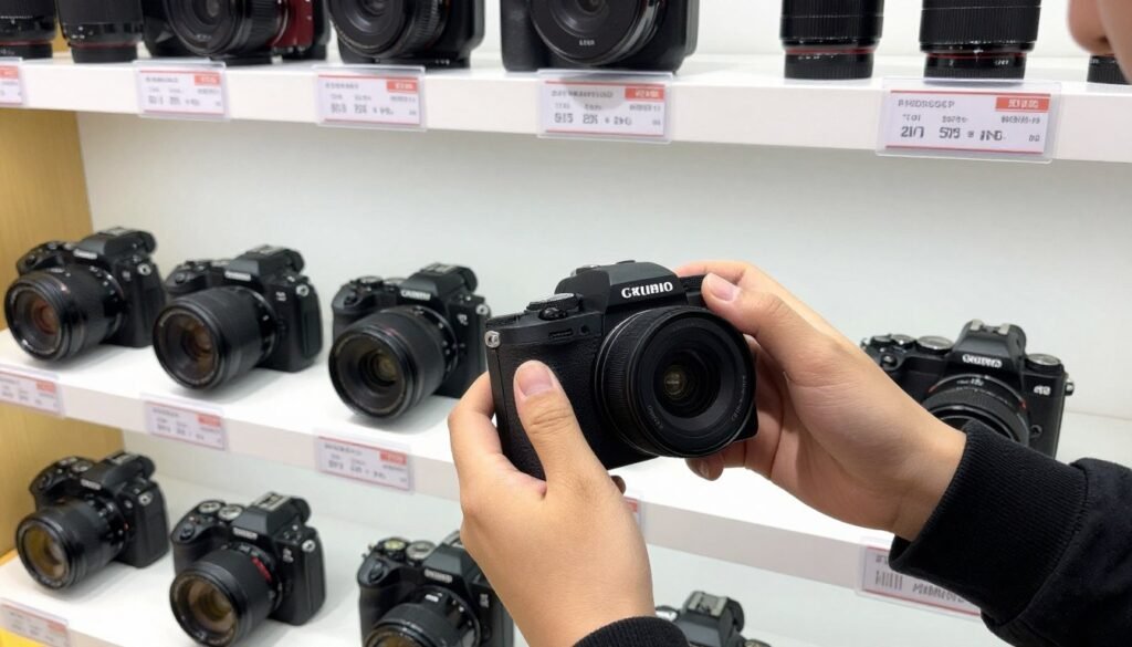 Person testing different camera models in a store