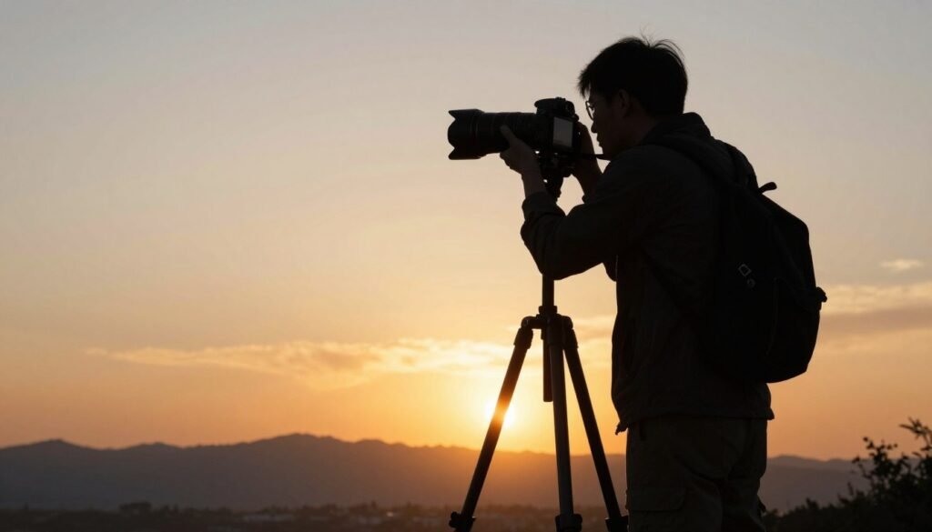 Photographer using camera to capture sunset landscape