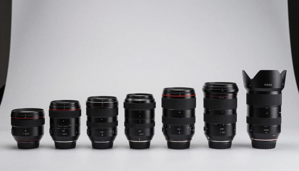 Various camera lenses from wide-angle to telephoto arranged in a row