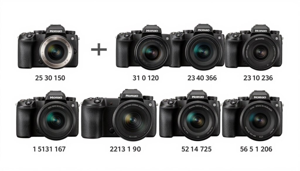 Various photo cameras at different price points from entry-level to professional