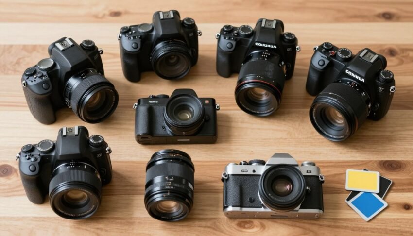 Various types of photo cameras including DSLR, mirrorless, and compact cameras