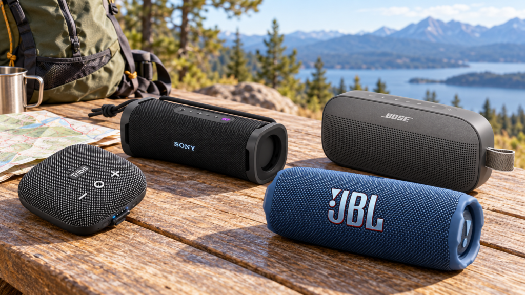 Tribit, Sony, Bose and JBL portable Bluetooth speakers on a picnic table