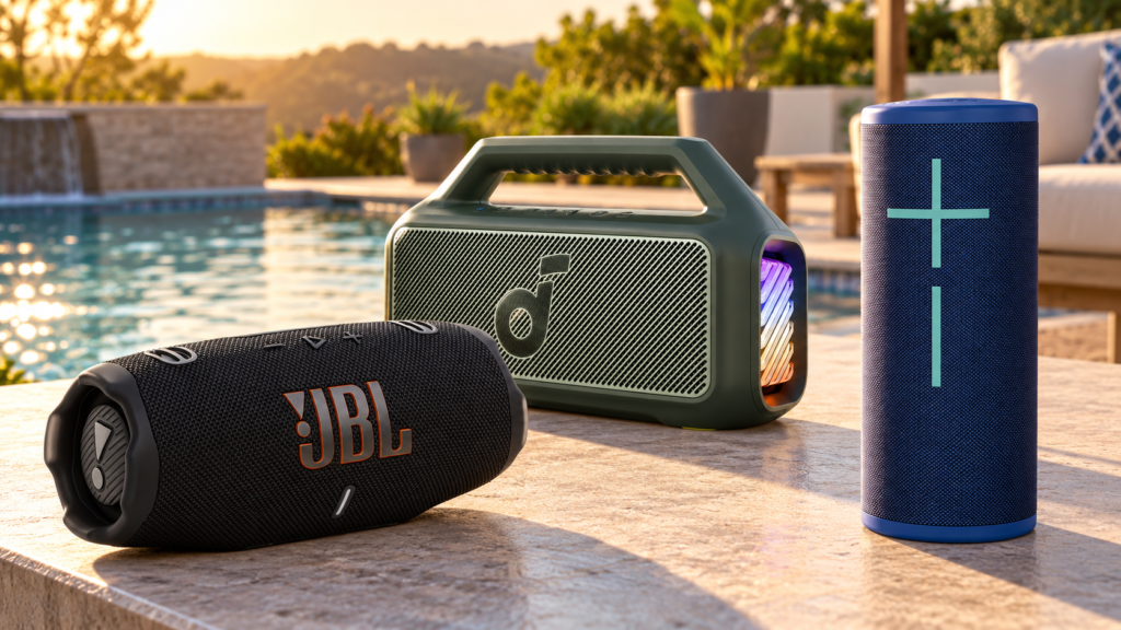 JBL Charge 6, Soundcore Boom 2 and UE MEGABOOM 4 speakers beside a pool
